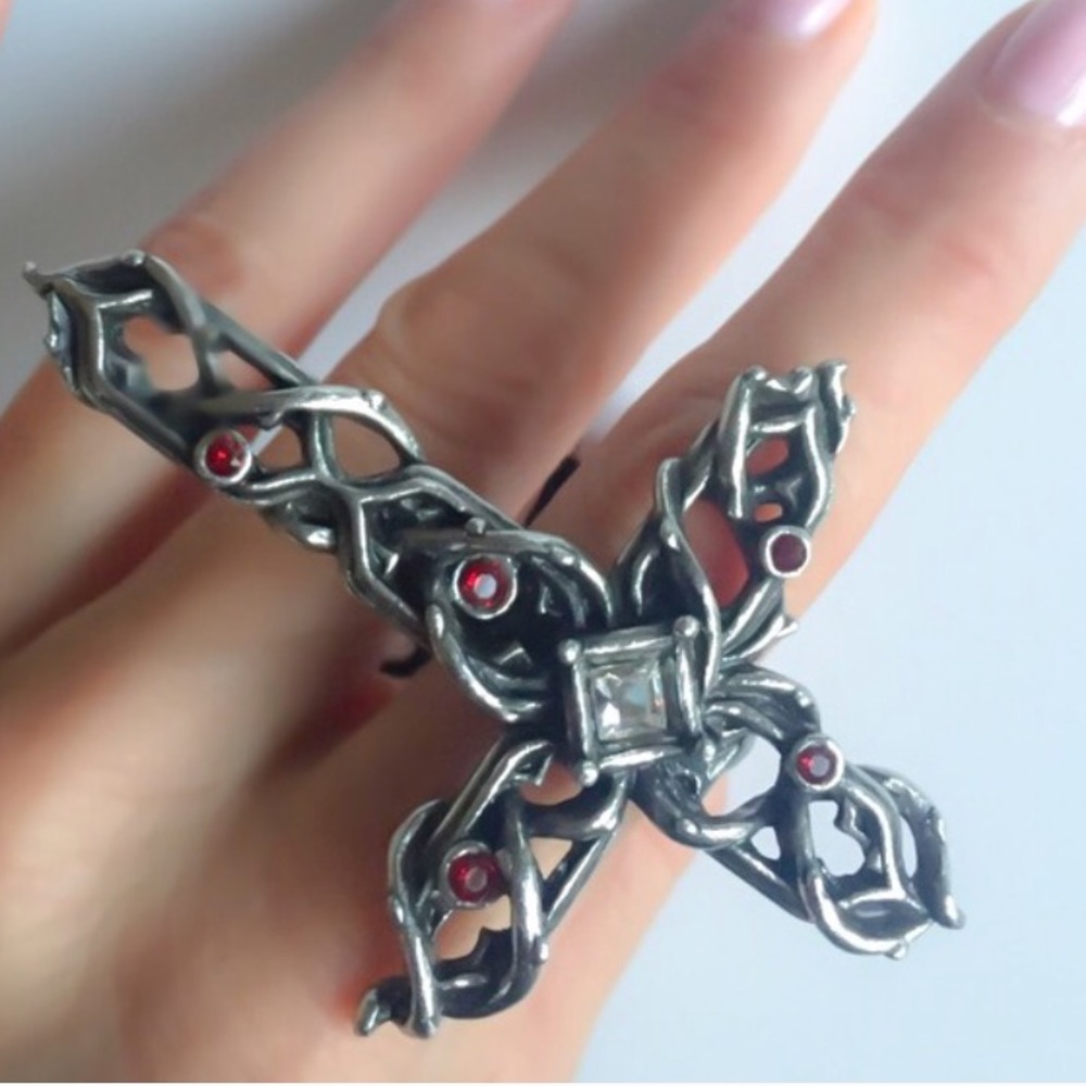 Cross handspan pewter Swarovski crystal ring 5.5